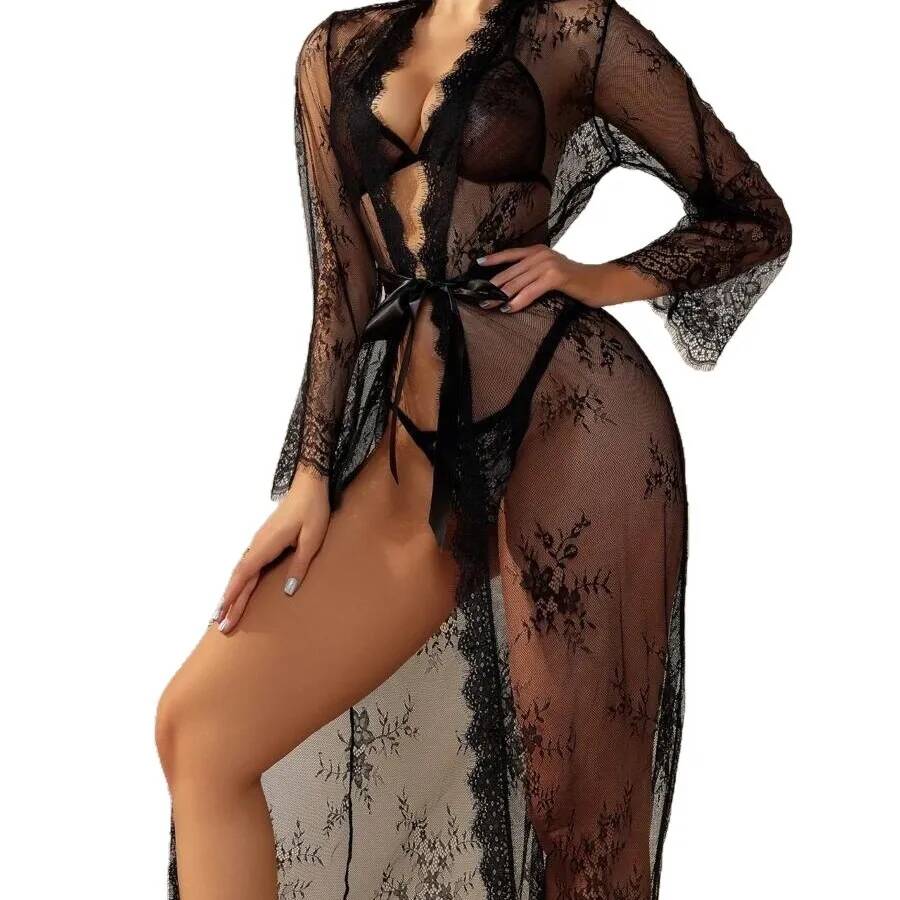Black Lace Sheer Long Robe For - Kimono Sheer Floral บทวิจารณ์และราคา