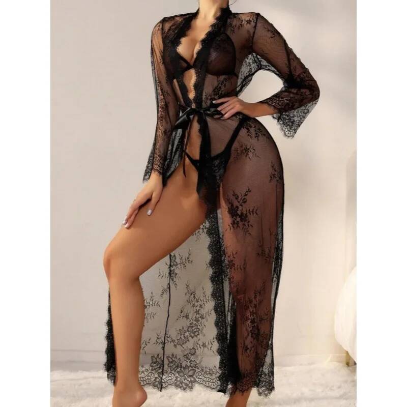 Black Lace Sheer Long Robe For - Kimono Sheer Floral บทวิจารณ์และราคา