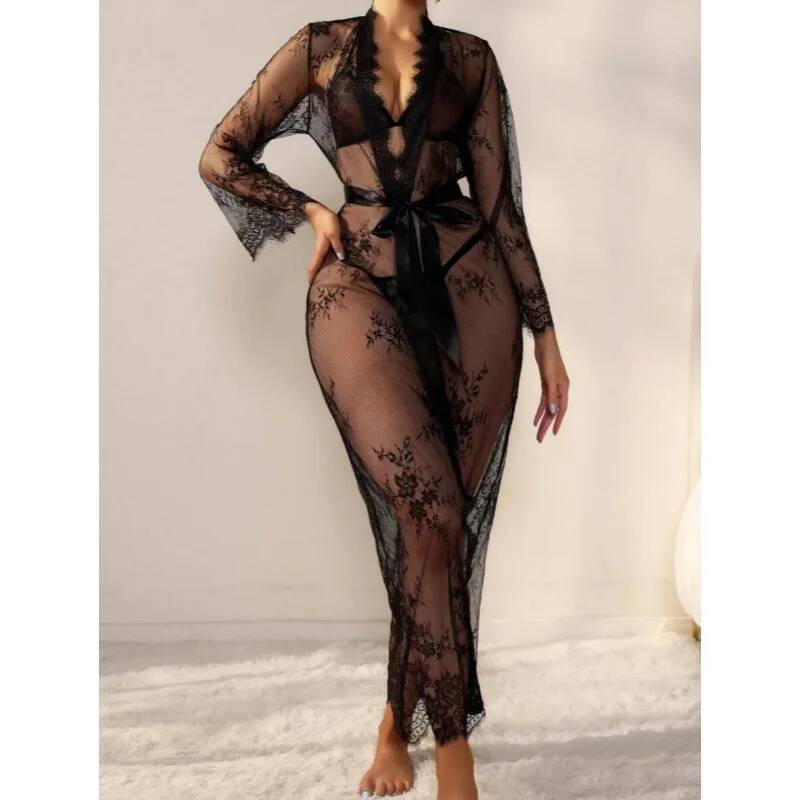 Black Lace Sheer Long Robe For - Kimono Sheer Floral บทวิจารณ์และราคา