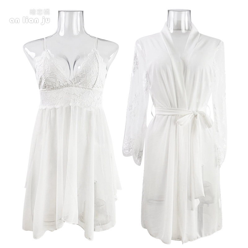 Women White Nightwear Set Flor - Kimono Sheer Floral บทวิจารณ์และราคา