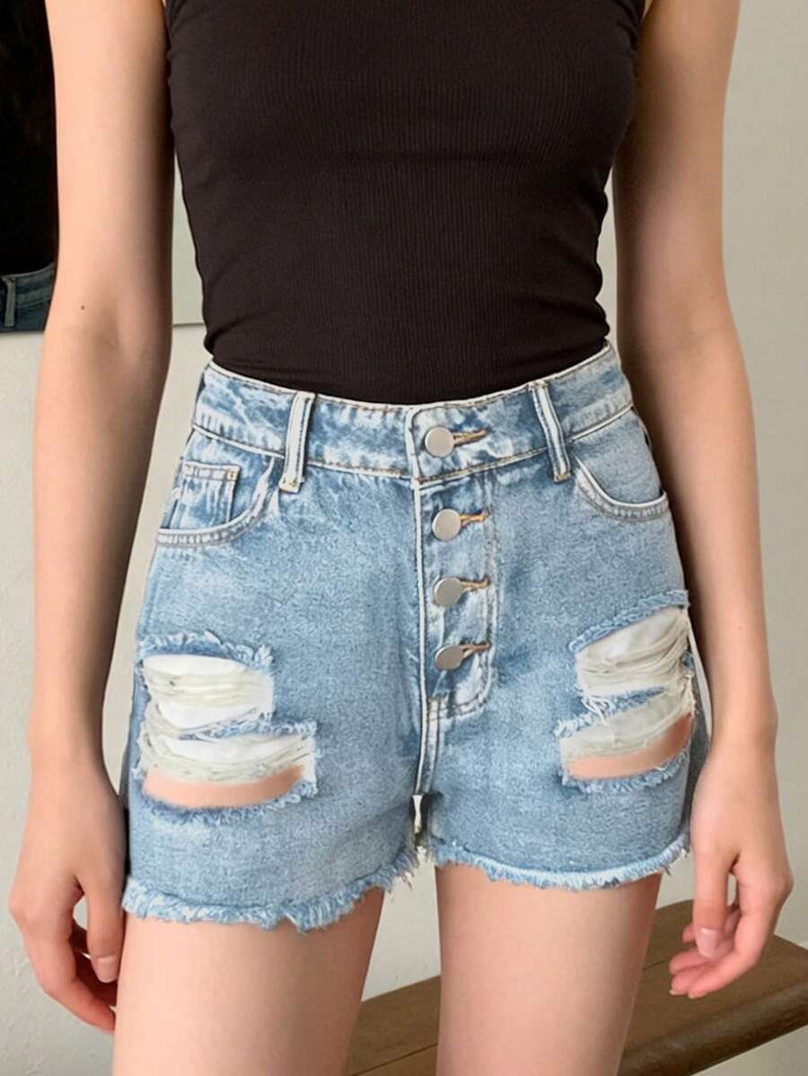 Womens Mid-Rise Distressed Fra - Shorts Denim Frayed บทวิจารณ์และราคา
