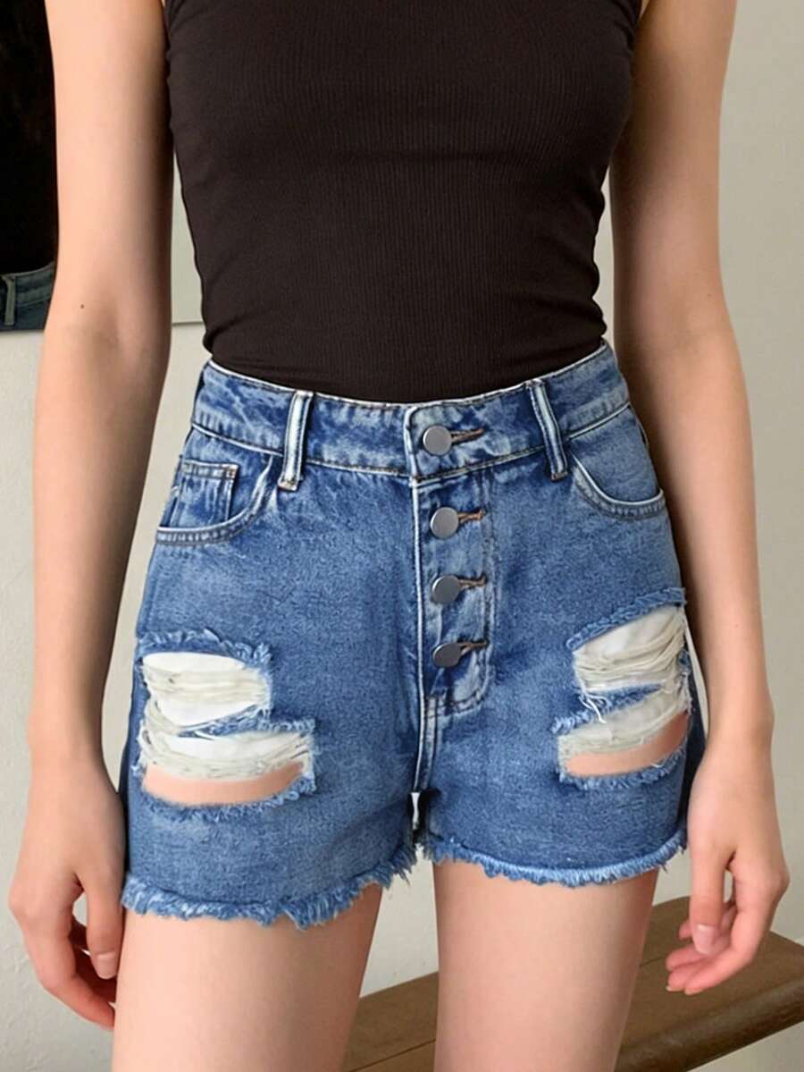 Womens Mid-Rise Distressed Fra - Shorts Denim Frayed บทวิจารณ์และราคา