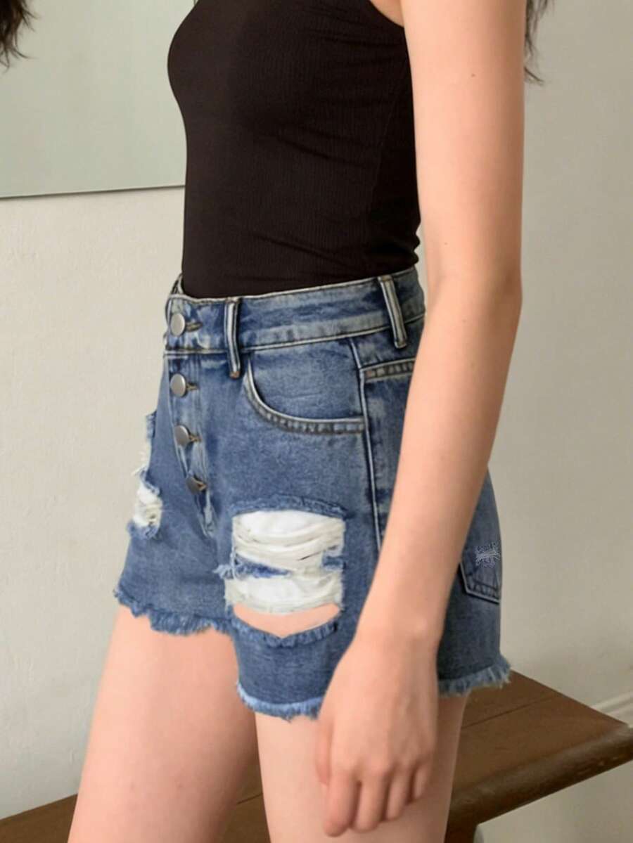 Womens Mid-Rise Distressed Fra - Shorts Denim Frayed บทวิจารณ์และราคา