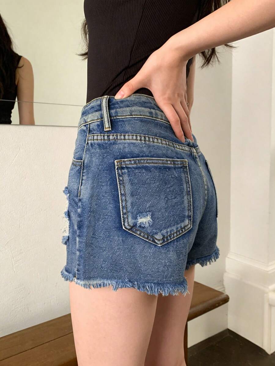 Womens Mid-Rise Distressed Fra - Shorts Denim Frayed บทวิจารณ์และราคา