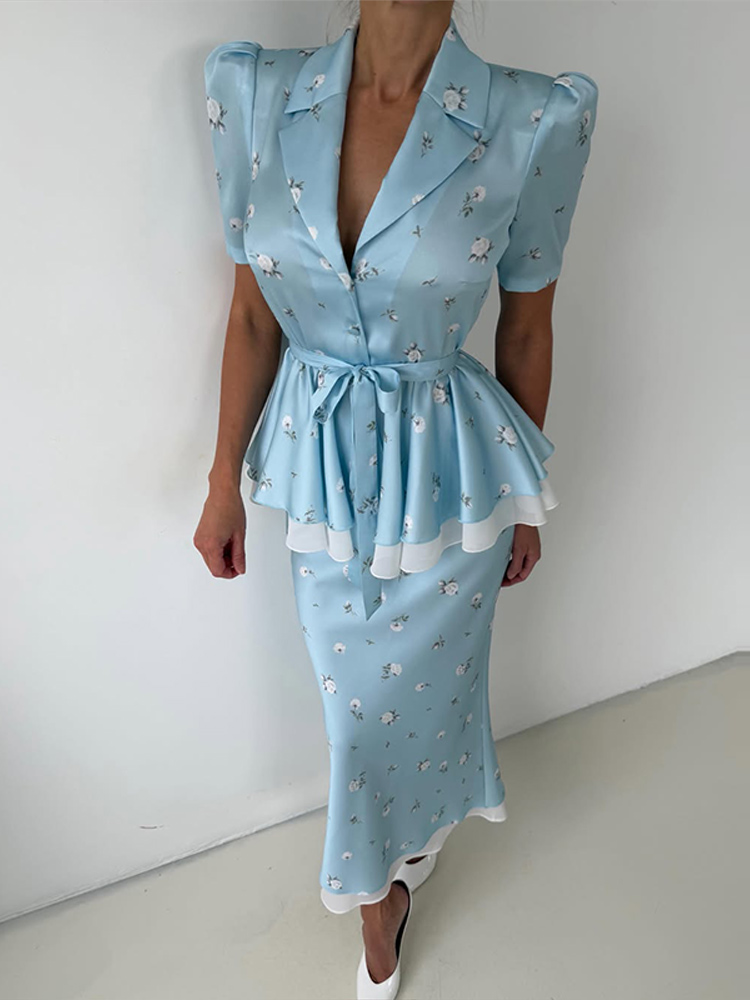 Floral Blazer Coat Skirt Sets  - Midi Skirt Floral บทวิจารณ์และราคา