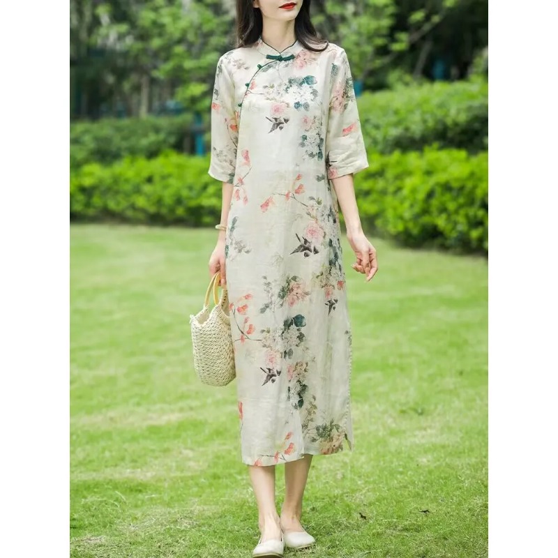 Women's Chinese Style Linen Ch - Midi Skirt Floral บทวิจารณ์และราคา