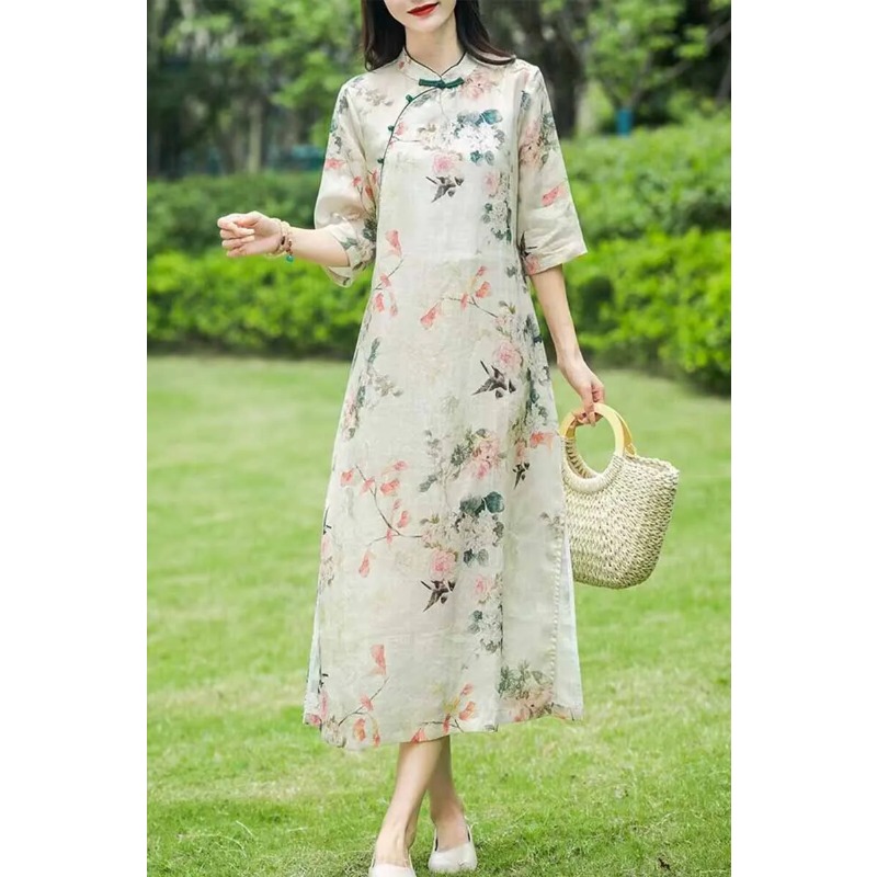 Women's Chinese Style Linen Ch - Midi Skirt Floral บทวิจารณ์และราคา