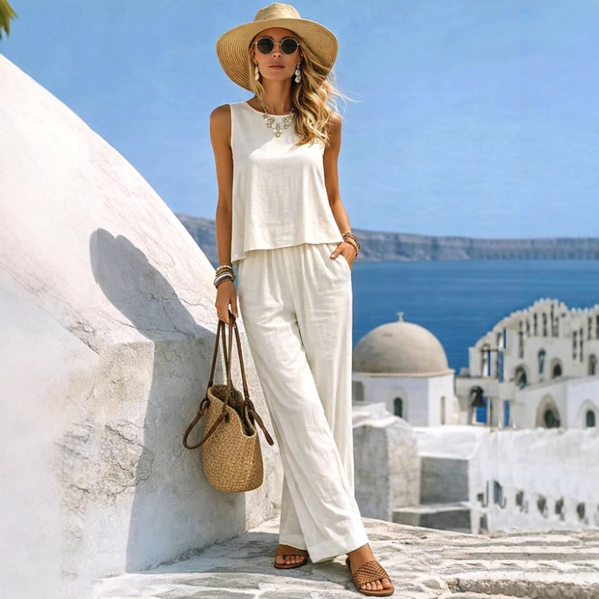 Women's Vacation 2 Piece Outf - Linen Pant Wide บทวิจารณ์และราคา