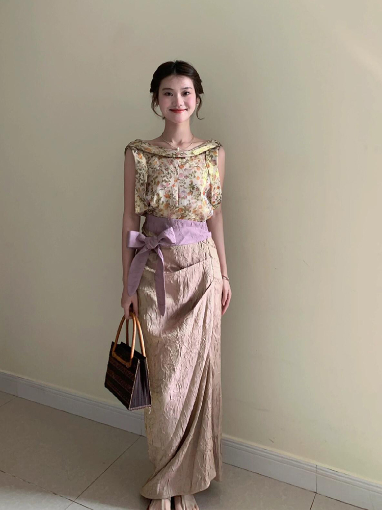 XZY Vintage Floral Sleeveless  - Midi Skirt Floral บทวิจารณ์และราคา