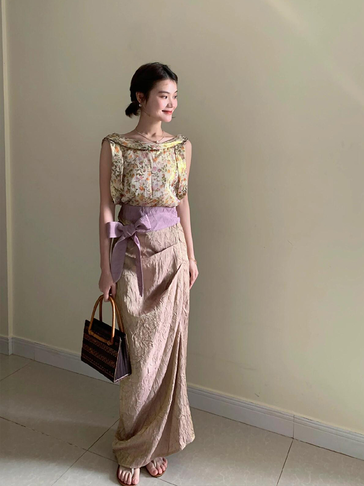 XZY Vintage Floral Sleeveless  - Midi Skirt Floral บทวิจารณ์และราคา