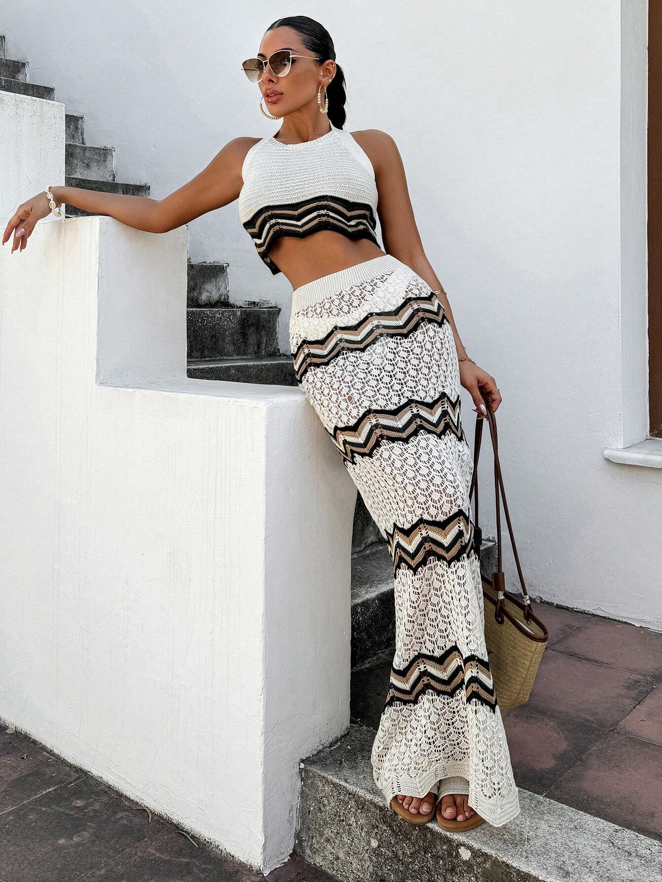 Women Striped Hollow  Crochet  - Crop Top Crochet บทวิจารณ์และราคา