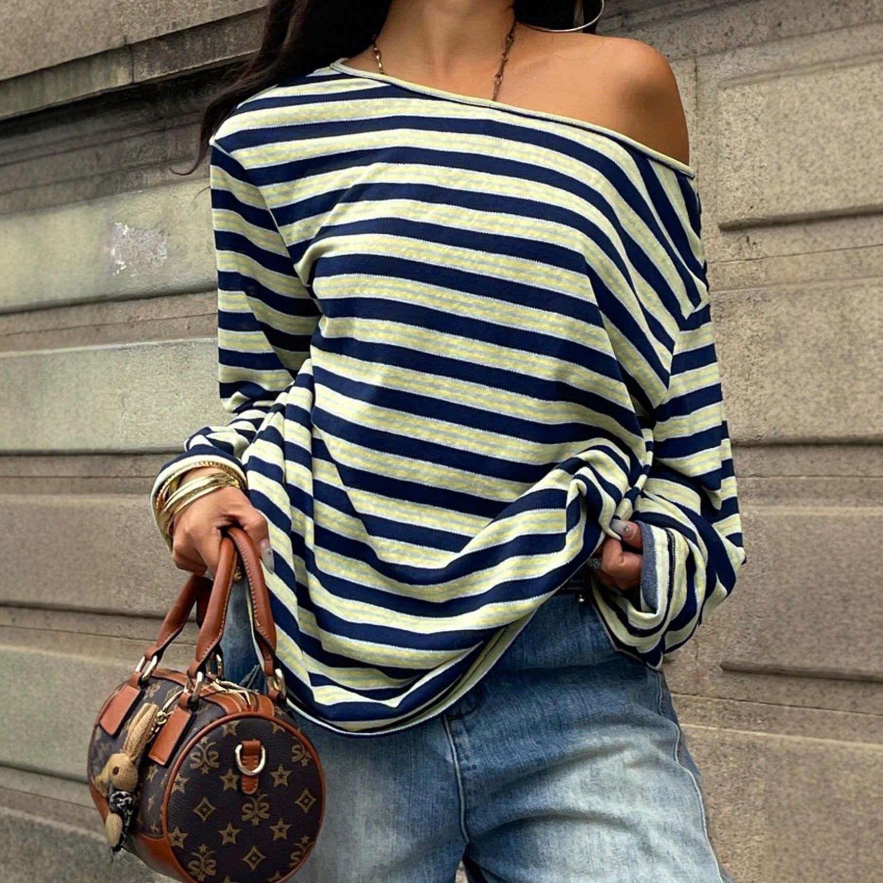Women's Oversized Striped Blue - Blouse Off Shoulder บทวิจารณ์และราคา