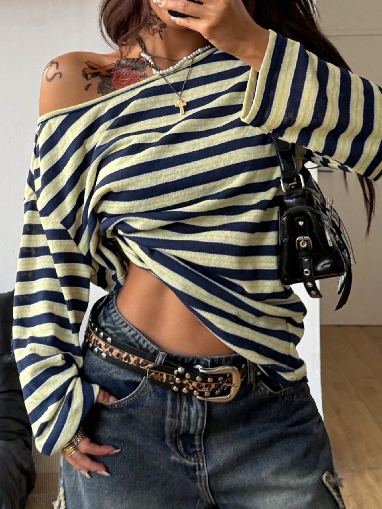 Women's Oversized Striped Blue - Blouse Off Shoulder บทวิจารณ์และราคา