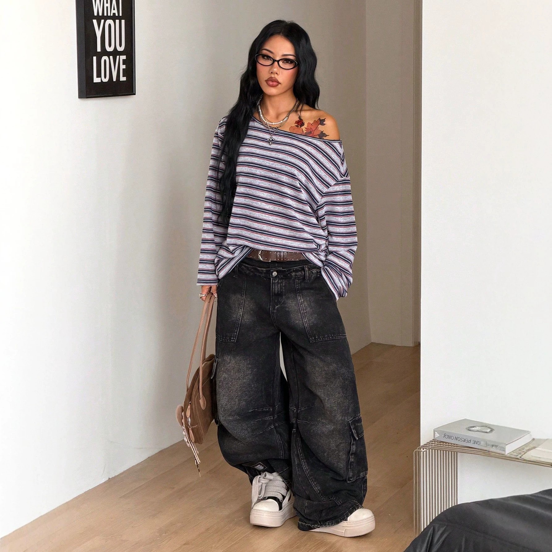 Women's Oversized Striped Blue - Blouse Off Shoulder บทวิจารณ์และราคา