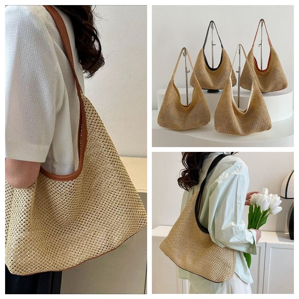 Fashion Solid Color Weave Stra - Tote Bag Beach บทวิจารณ์และราคา
