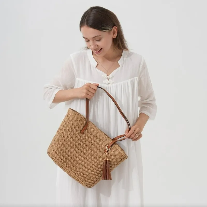 Fringed Straw Tote Bag Handwov - Tote Bag Beach บทวิจารณ์และราคา