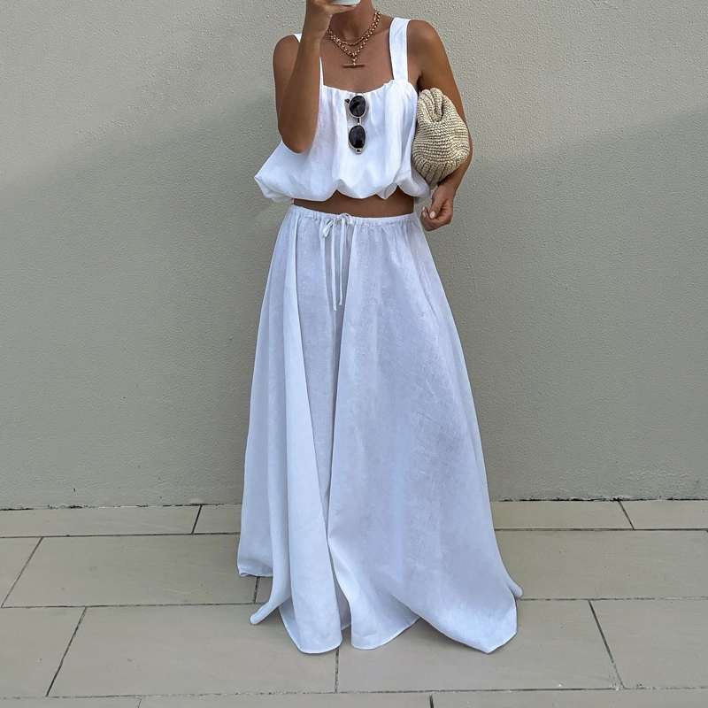 Women Elegant Sleeveless Solid - Linen Pant Wide บทวิจารณ์และราคา