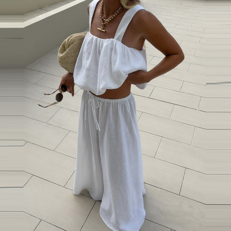 Women Elegant Sleeveless Solid - Linen Pant Wide บทวิจารณ์และราคา