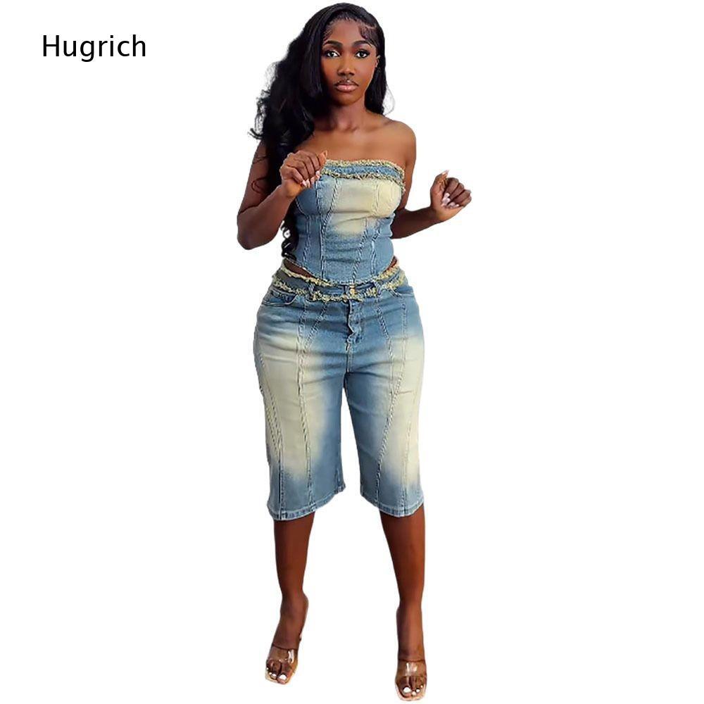 Ladies Washed Strapless Crop T - Shorts Denim Frayed บทวิจารณ์และราคา