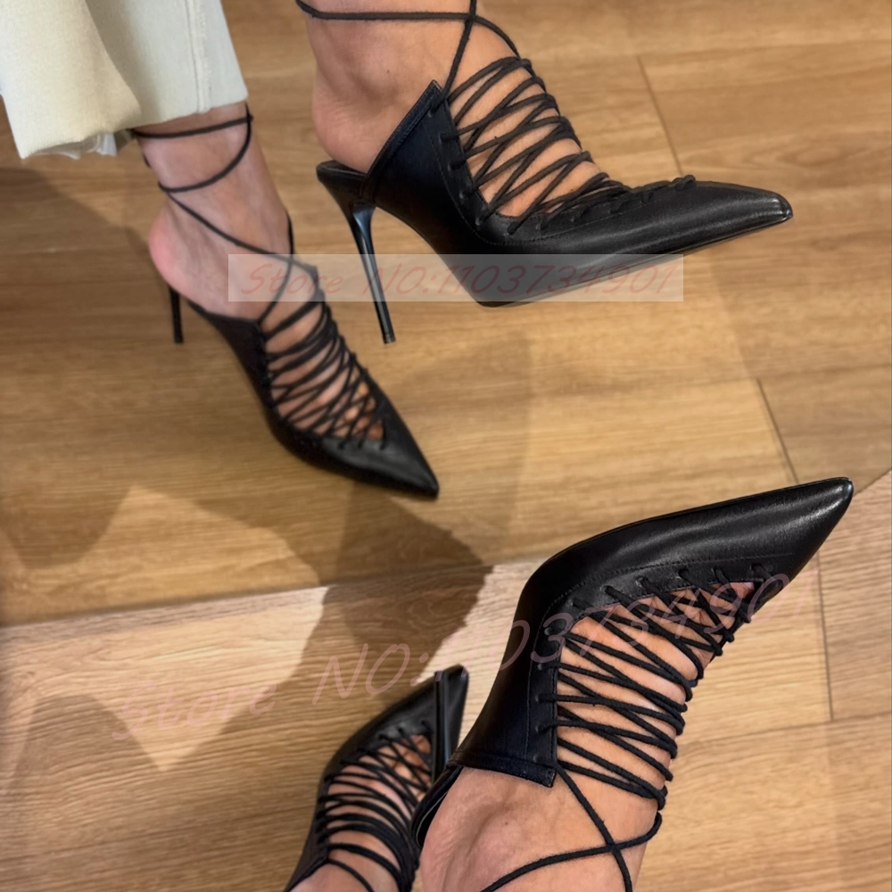 Black Lace-up Wrap Around Sand - Sandal Strappy Heeled บทวิจารณ์และราคา