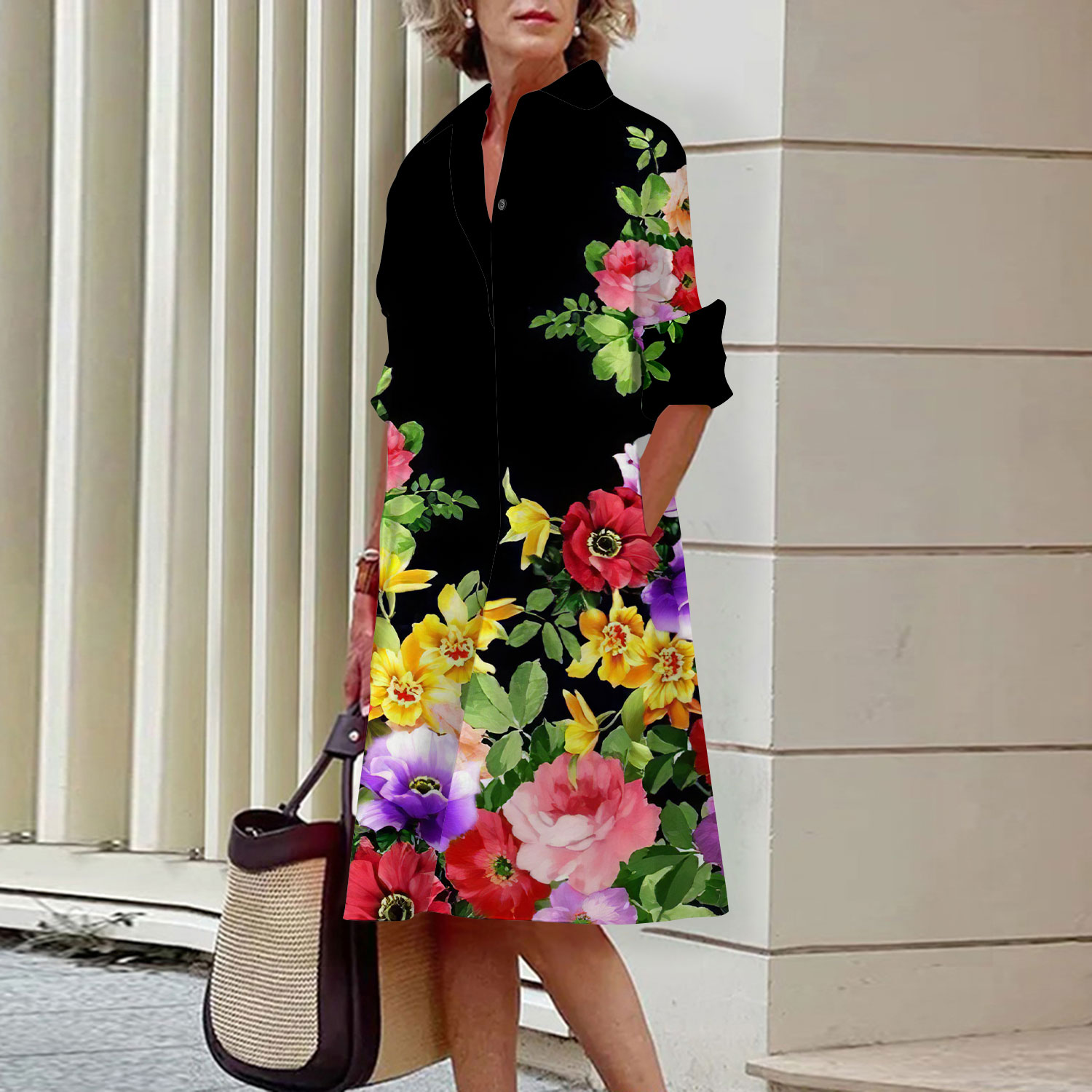 Floral Pattern Shirt Dress Ele - Midi Skirt Floral บทวิจารณ์และราคา