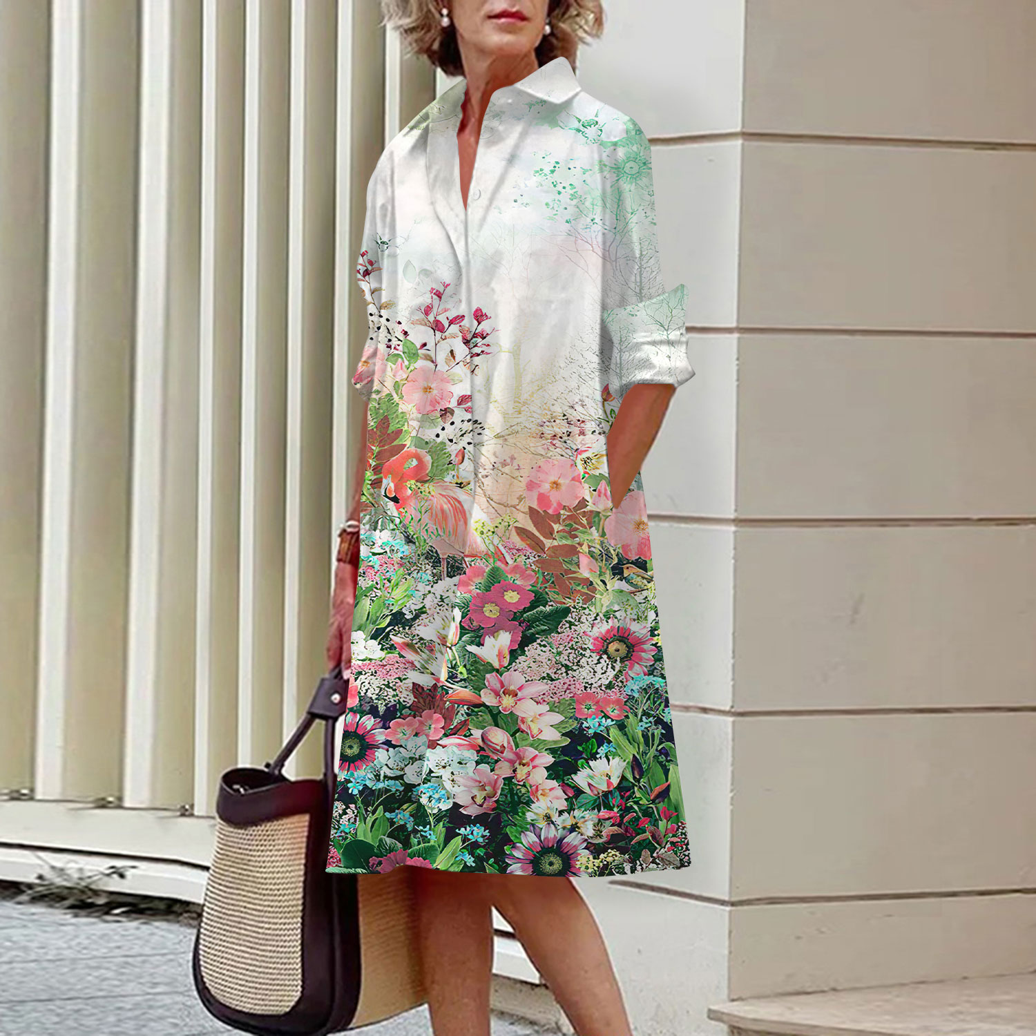 Floral Pattern Shirt Dress Ele - Midi Skirt Floral บทวิจารณ์และราคา