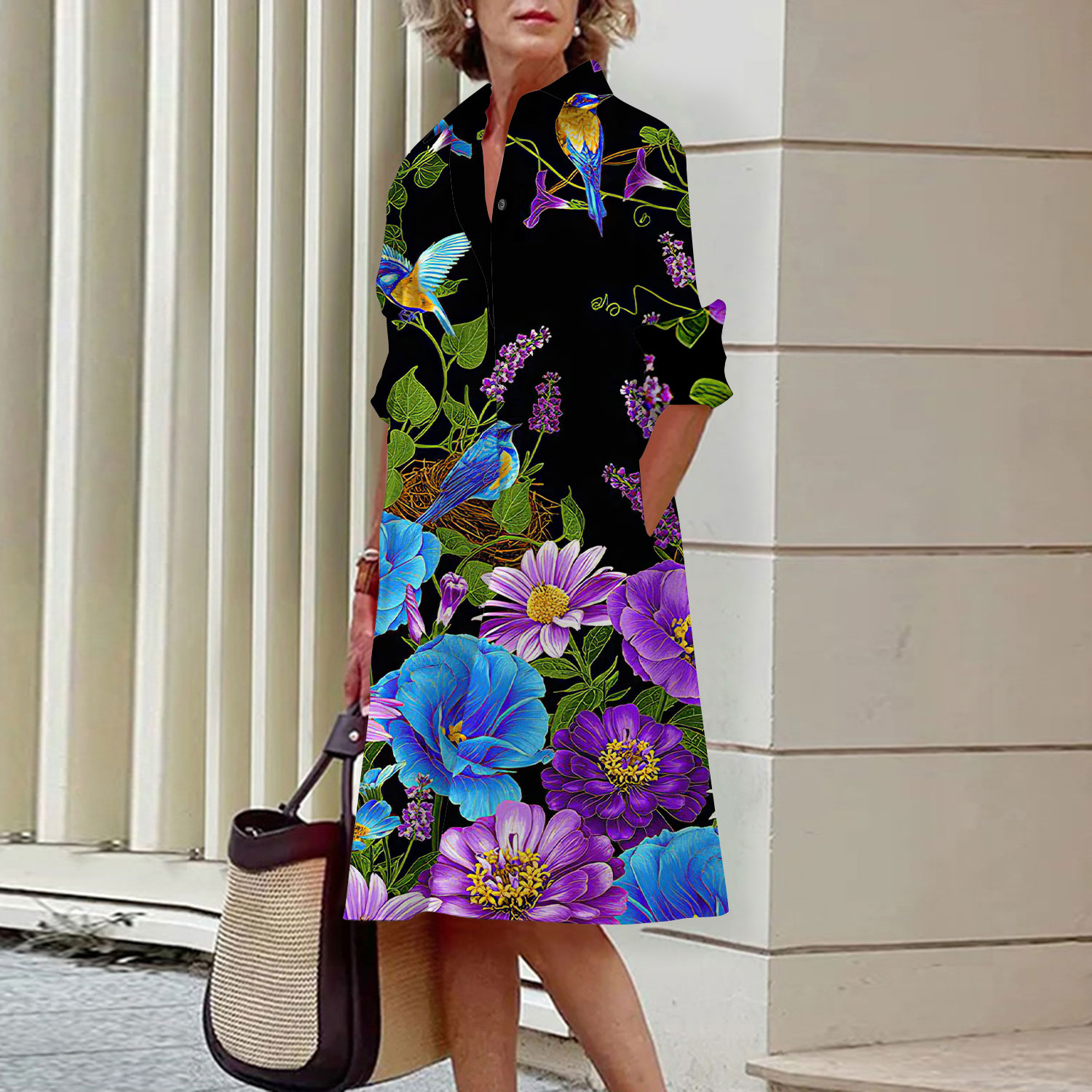 Floral Pattern Shirt Dress Ele - Midi Skirt Floral บทวิจารณ์และราคา