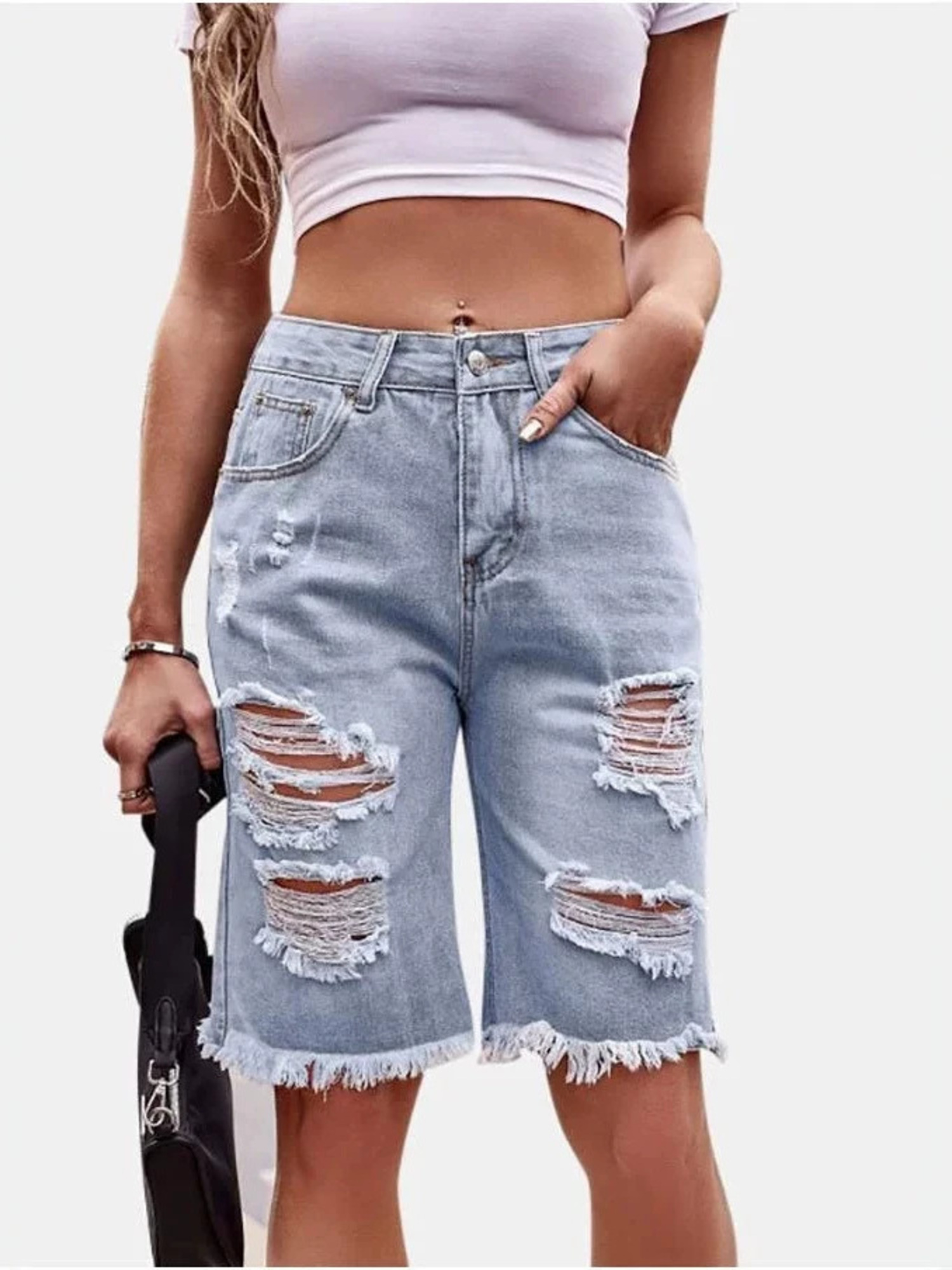 Women's High Waist Ripped Cott - Shorts Denim Frayed บทวิจารณ์และราคา