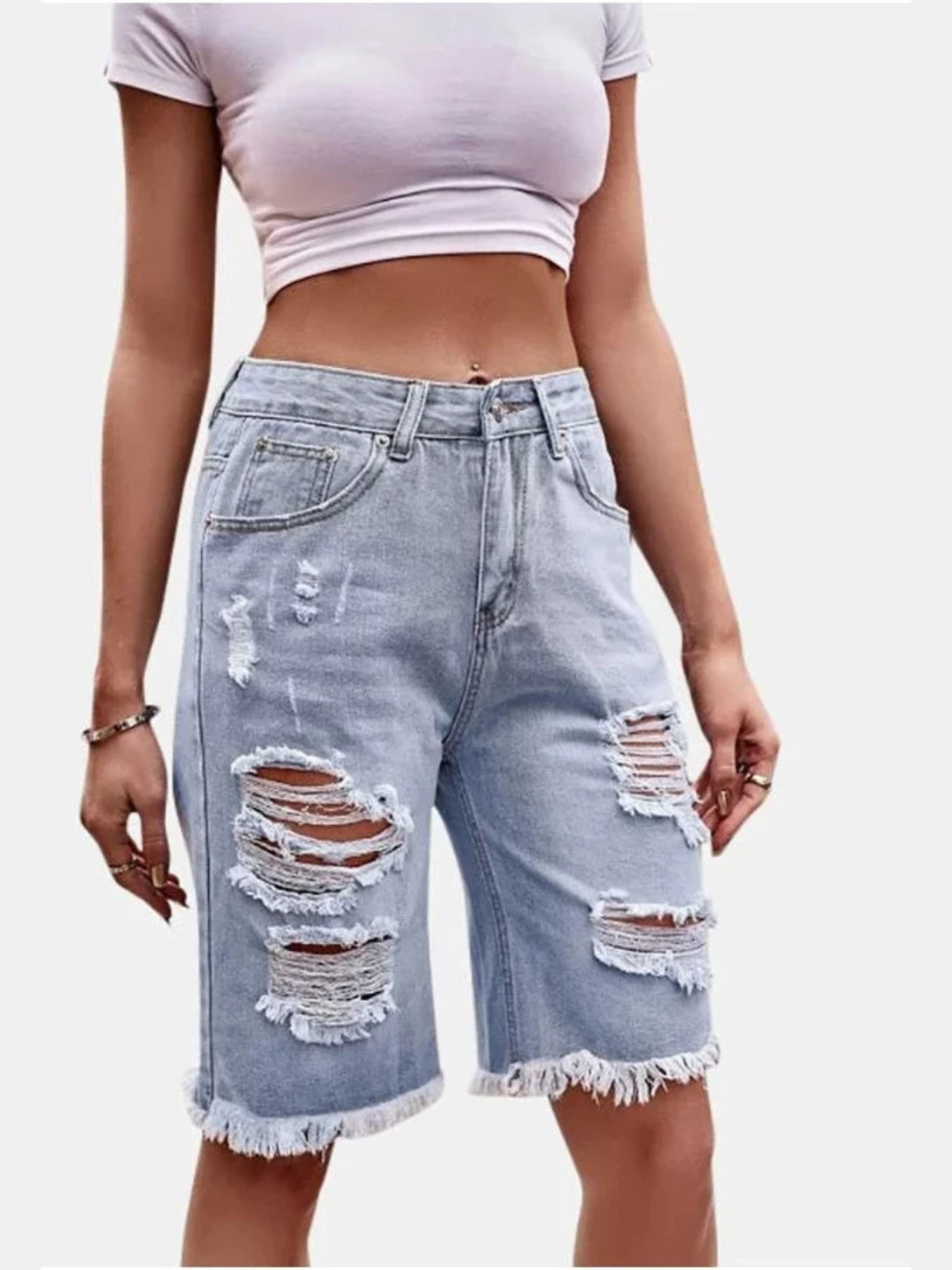 Women's High Waist Ripped Cott - Shorts Denim Frayed บทวิจารณ์และราคา