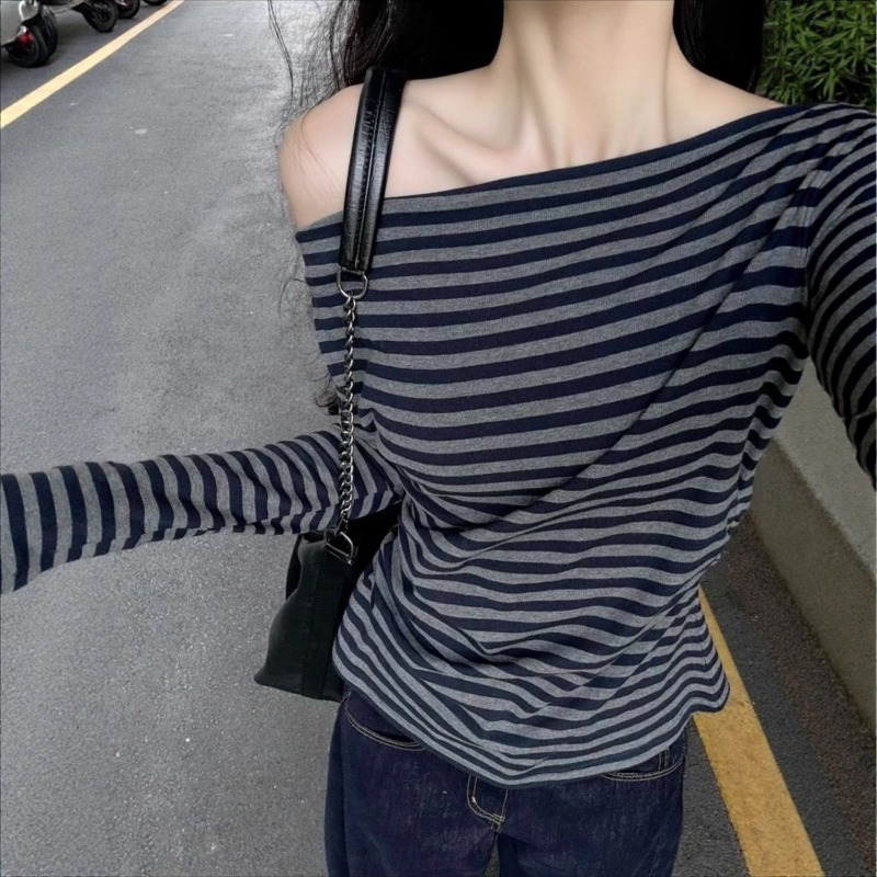 Women Vintage Striped Off Shou - Blouse Off Shoulder บทวิจารณ์และราคา
