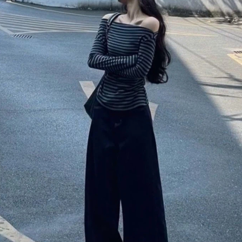 Women Vintage Striped Off Shou - Blouse Off Shoulder บทวิจารณ์และราคา