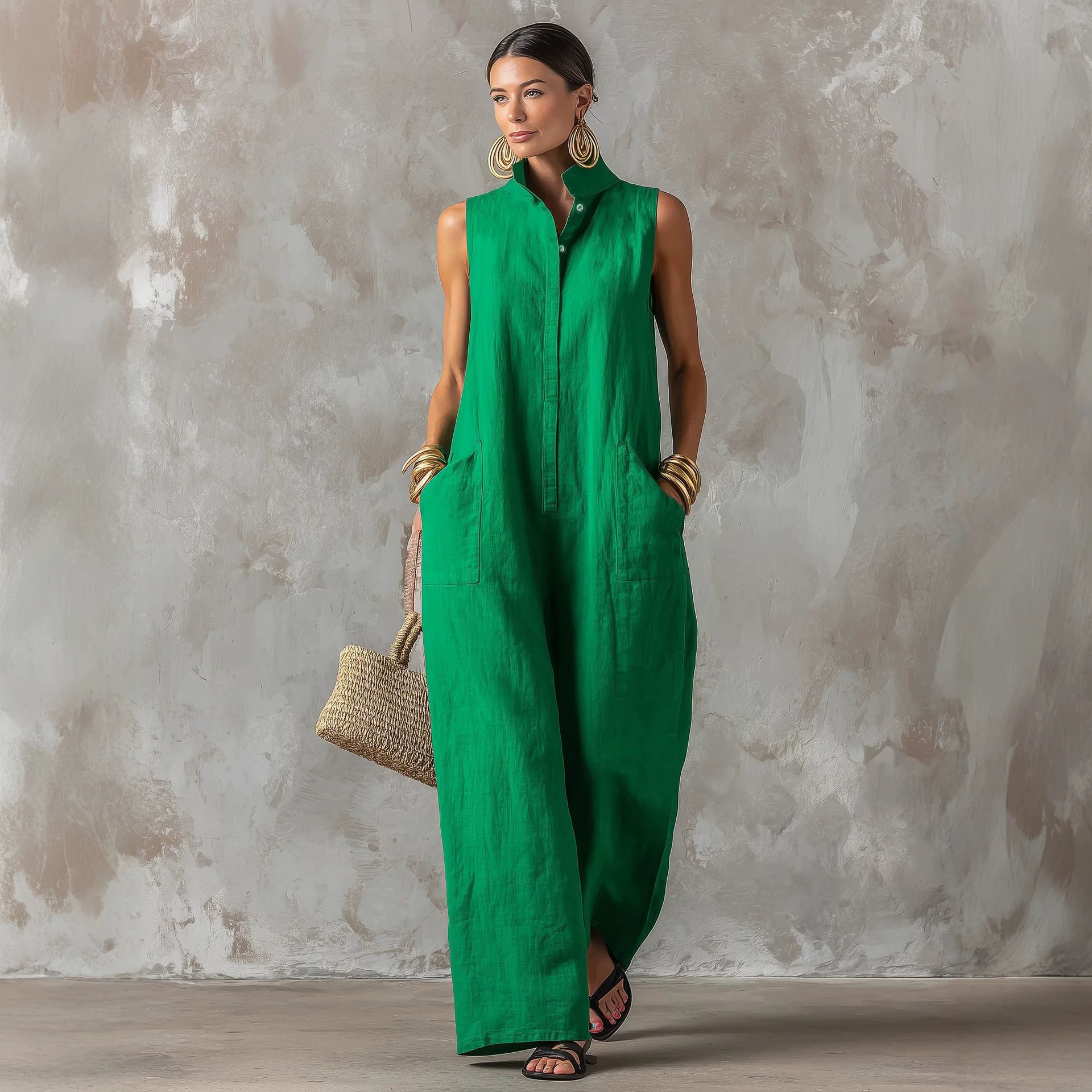 Linen Blend Jumpsuit Sleeveles - Jumpsuit Linen Relaxed บทวิจารณ์และราคา