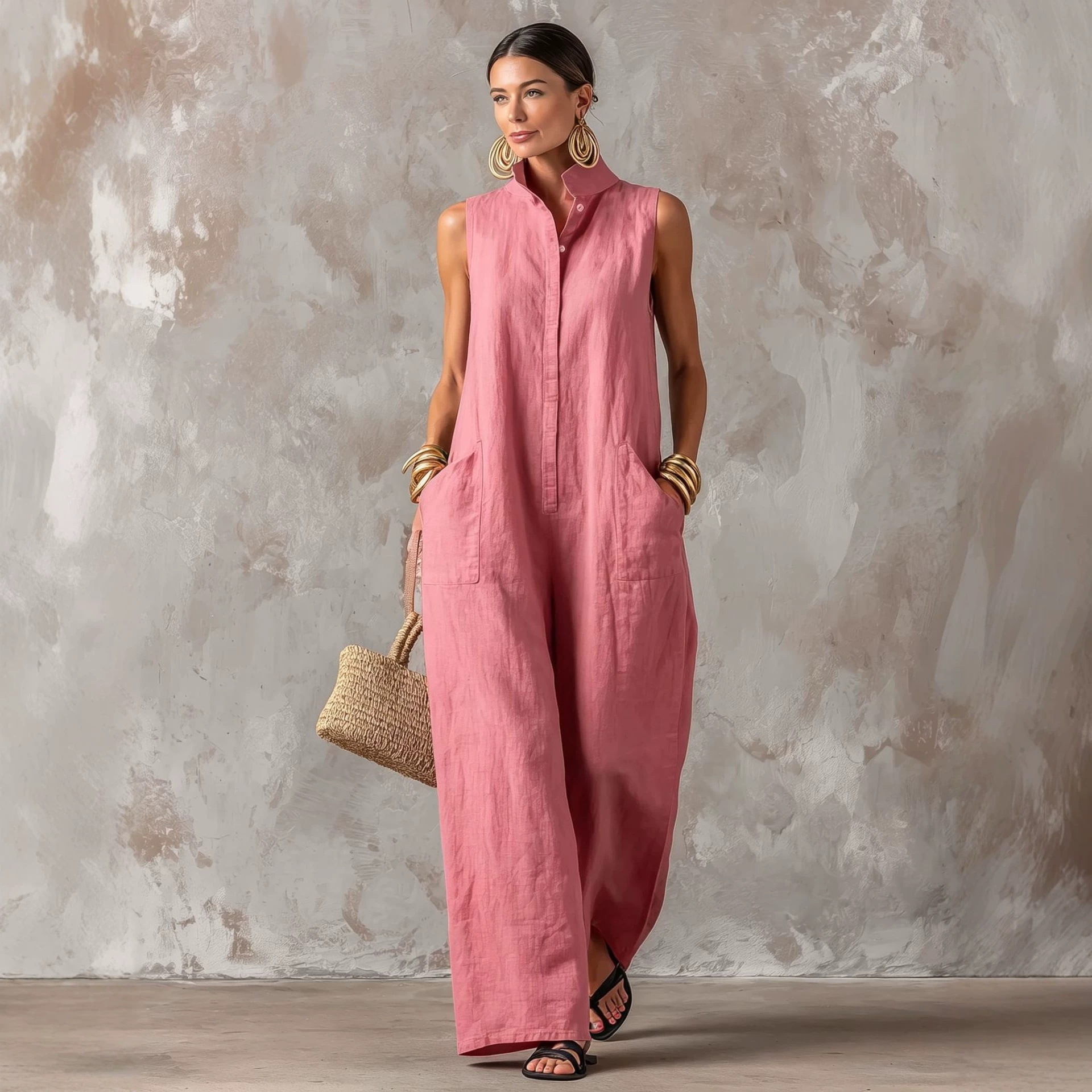 Linen Blend Jumpsuit Sleeveles - Jumpsuit Linen Relaxed บทวิจารณ์และราคา
