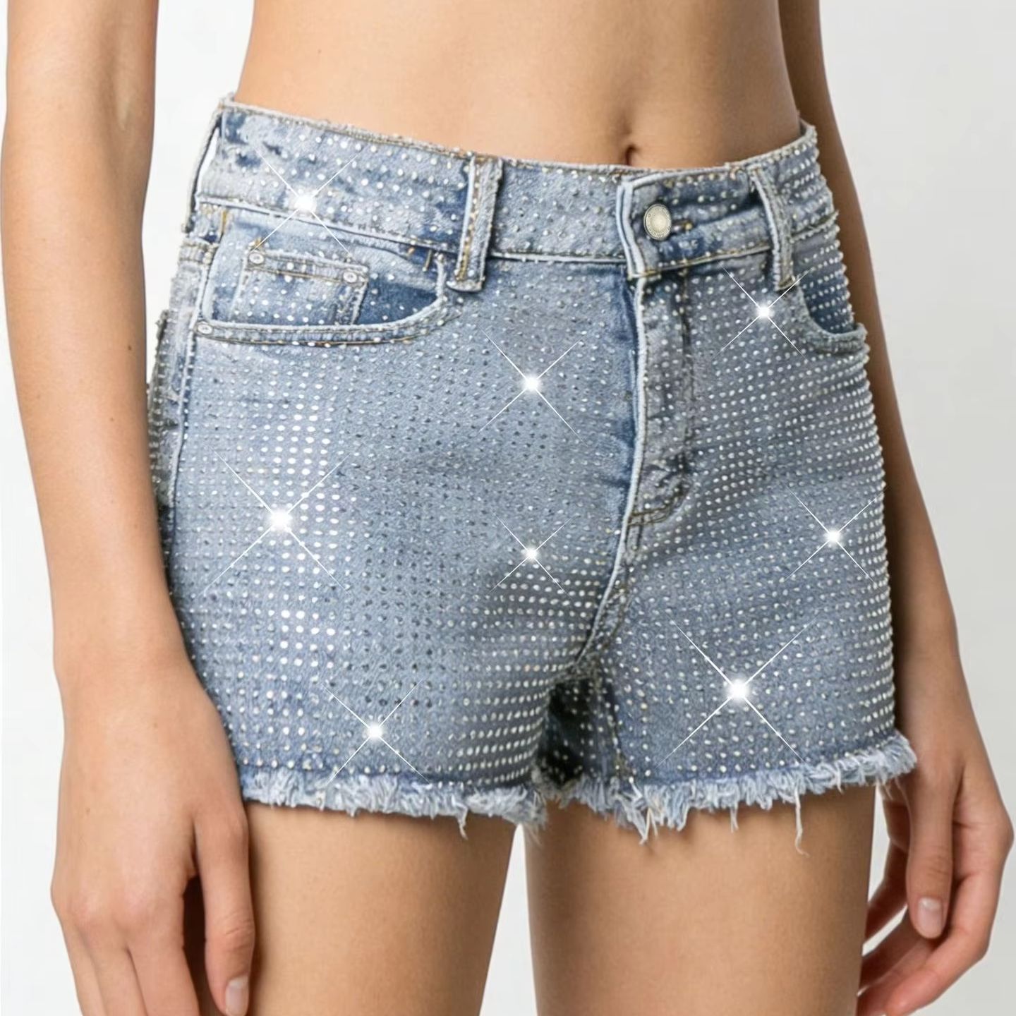 2026 New Full-Bejeweled Elasti - Shorts Denim Frayed บทวิจารณ์และราคา