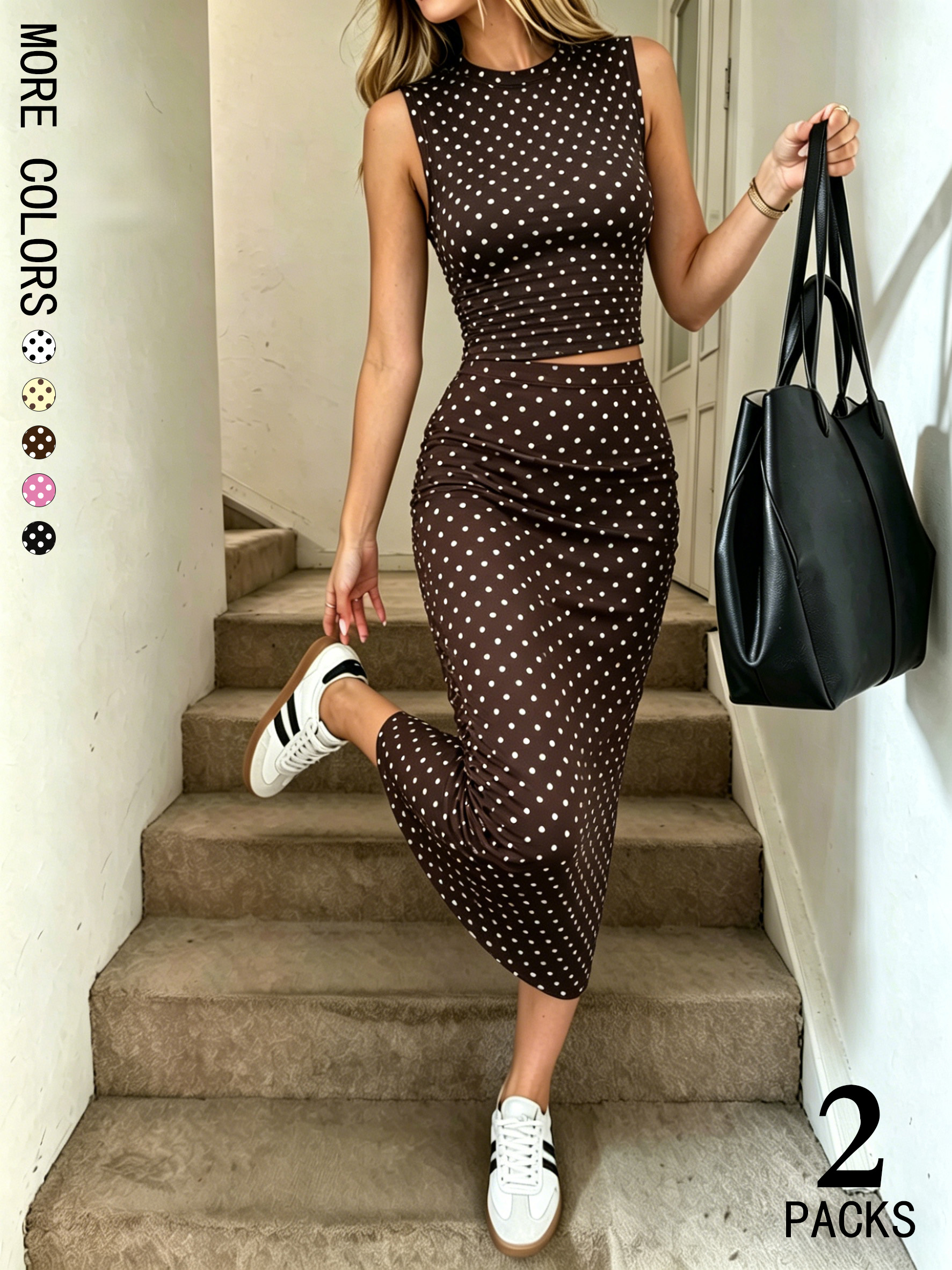 Women Polka Dot 2 Pcs Set Slee - Crop Top Crochet บทวิจารณ์และราคา