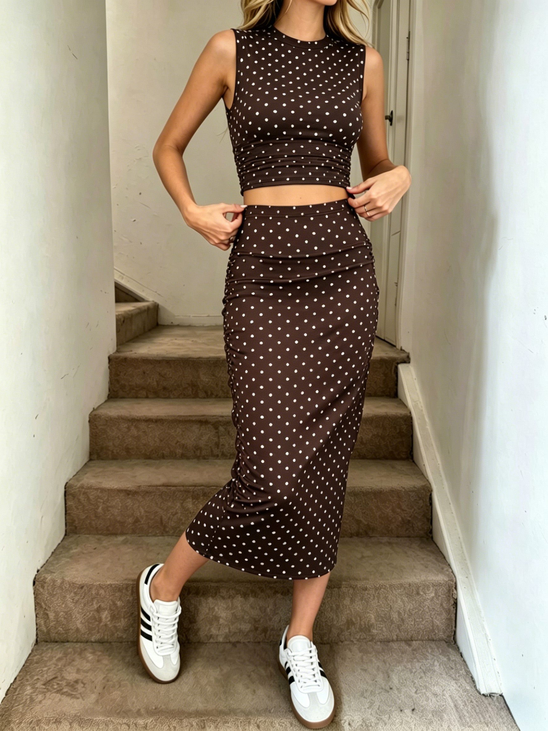 Women Polka Dot 2 Pcs Set Slee - Crop Top Crochet บทวิจารณ์และราคา