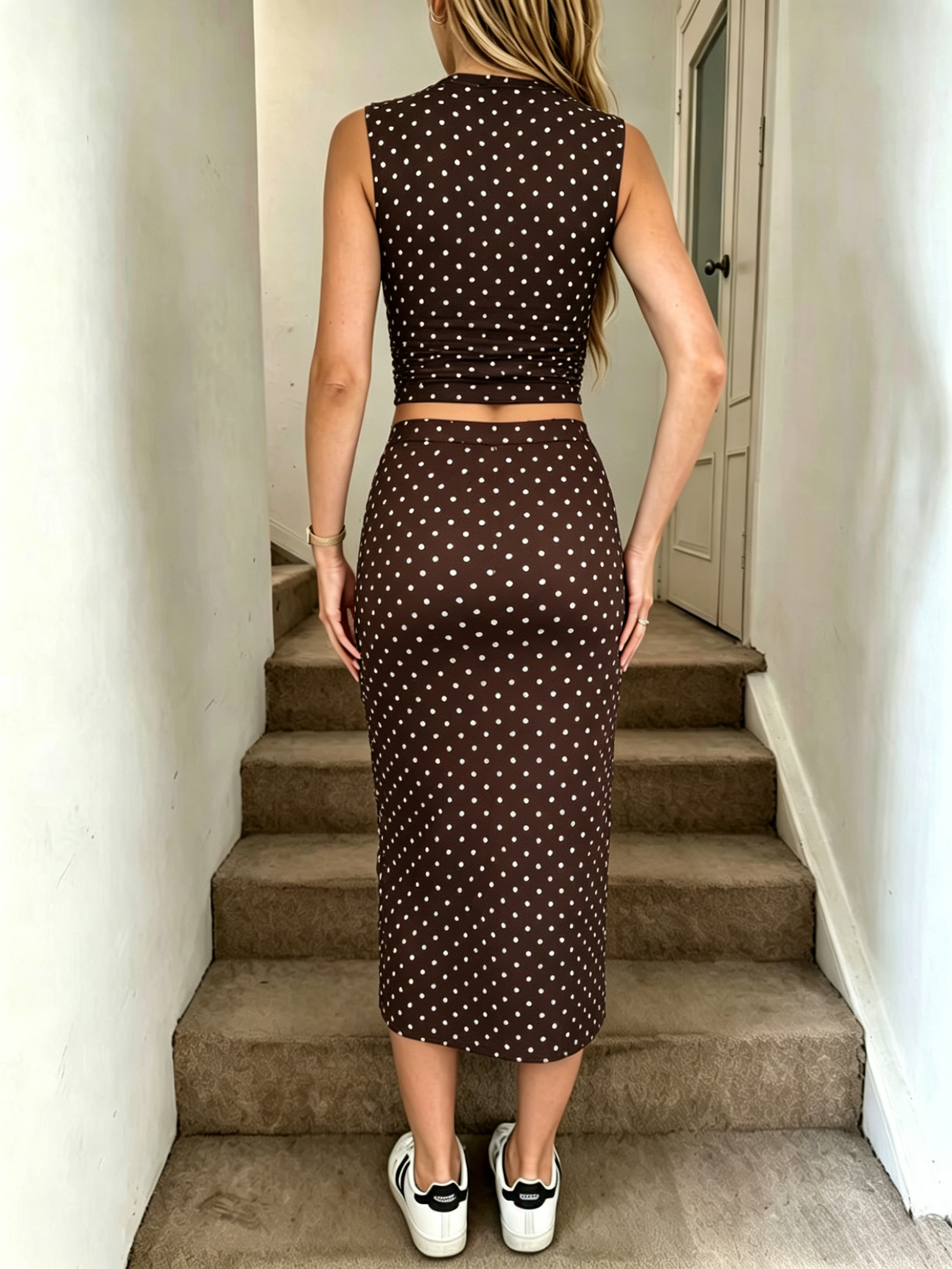 Women Polka Dot 2 Pcs Set Slee - Crop Top Crochet บทวิจารณ์และราคา