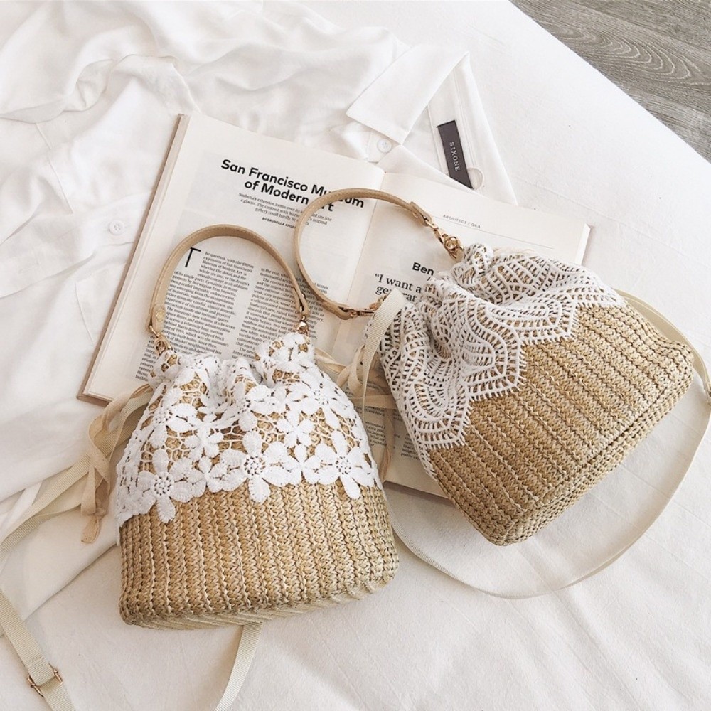 Vintage Lace Straw Shoulder Ba - Tote Bag Beach บทวิจารณ์และราคา