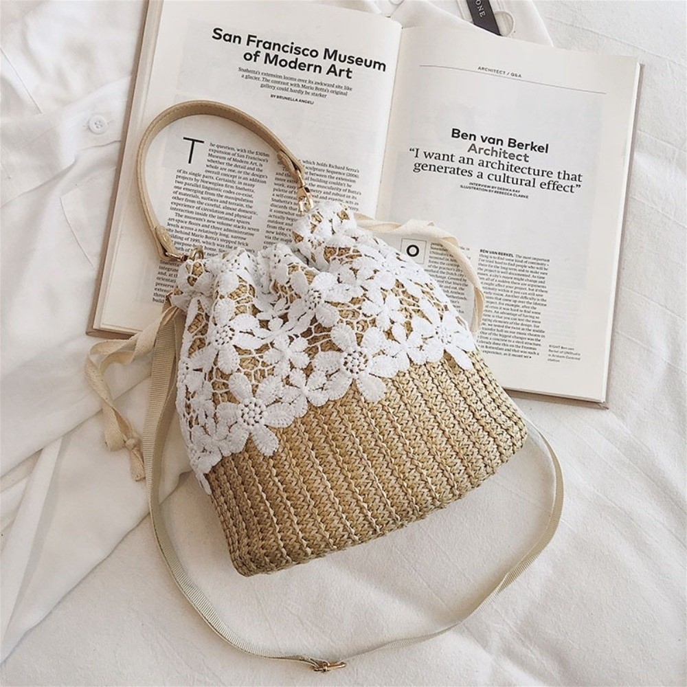 Vintage Lace Straw Shoulder Ba - Tote Bag Beach บทวิจารณ์และราคา