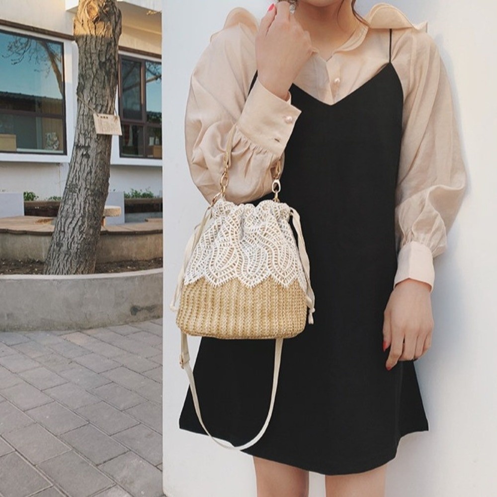 Vintage Lace Straw Shoulder Ba - Tote Bag Beach บทวิจารณ์และราคา