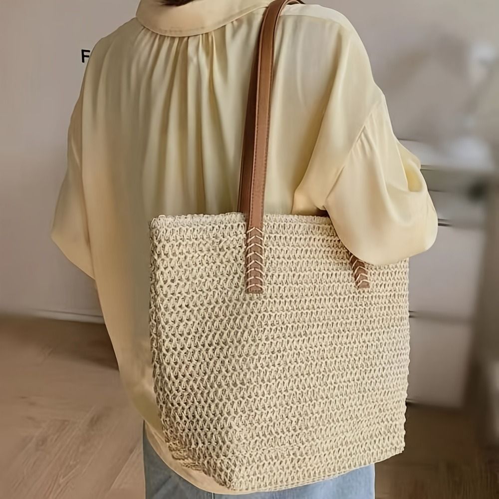 Cute Solid Color Weave Straw T - Tote Bag Beach บทวิจารณ์และราคา