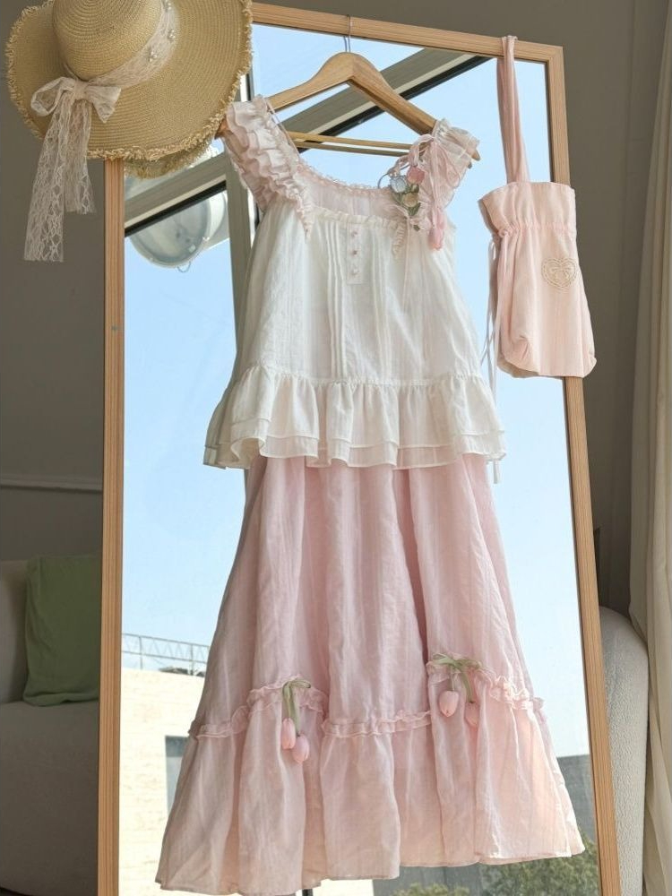 Sweet Kawaii Ruffle Trim Tulip - Midi Skirt Floral บทวิจารณ์และราคา