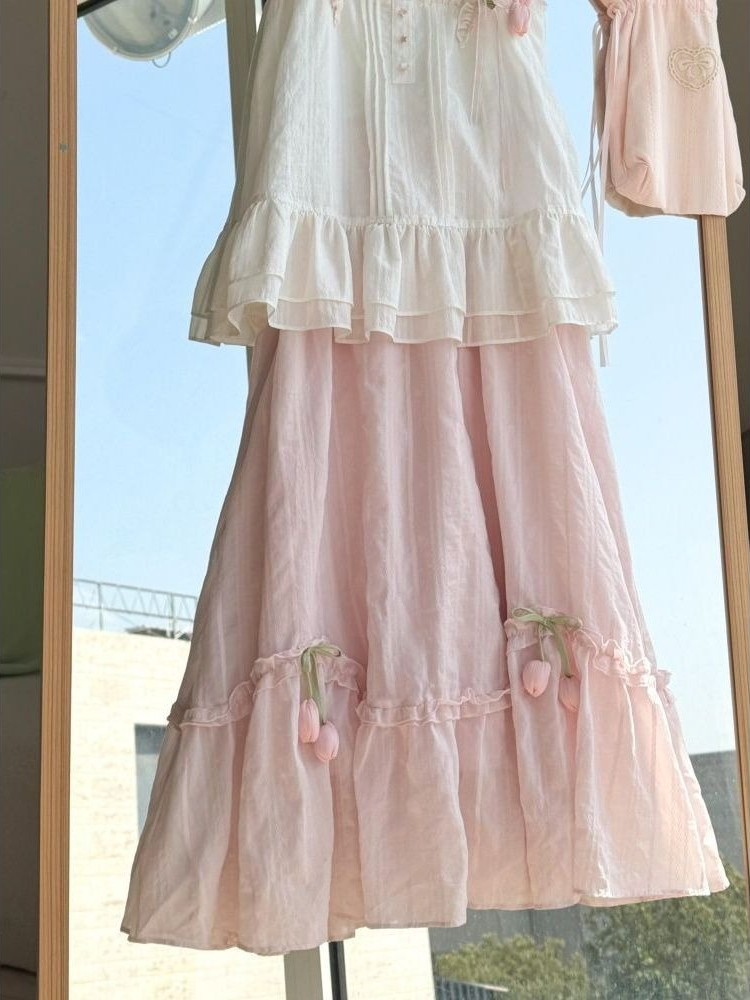Sweet Kawaii Ruffle Trim Tulip - Midi Skirt Floral บทวิจารณ์และราคา