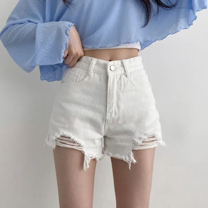 High Waist Vintage Ripped Fray - Shorts Denim Frayed บทวิจารณ์และราคา