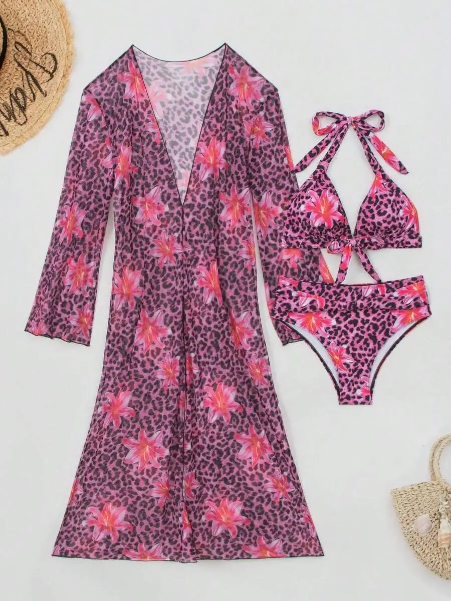 Womens 3-Piece Leopard Floral  - Kimono Sheer Floral บทวิจารณ์และราคา