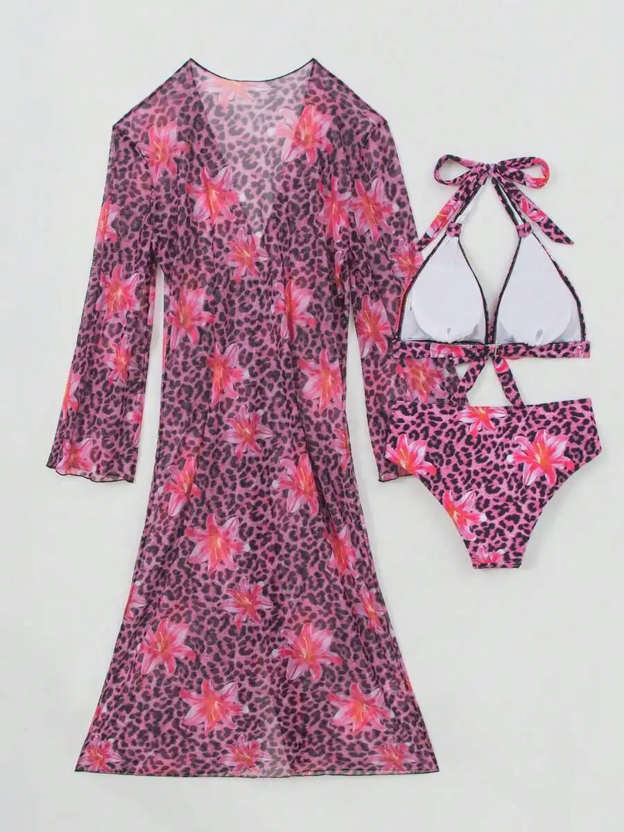 Womens 3-Piece Leopard Floral  - Kimono Sheer Floral บทวิจารณ์และราคา