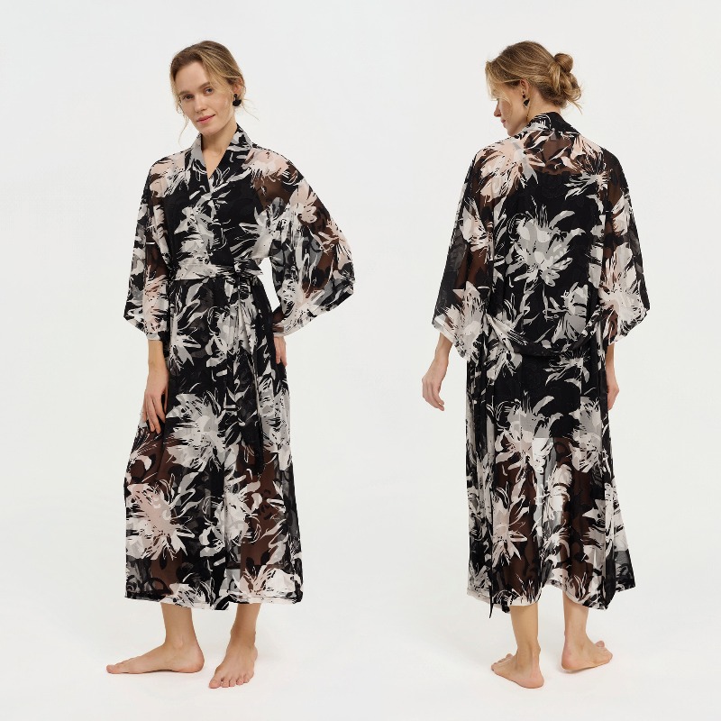 Women Black White Ink Floral S - Kimono Sheer Floral บทวิจารณ์และราคา