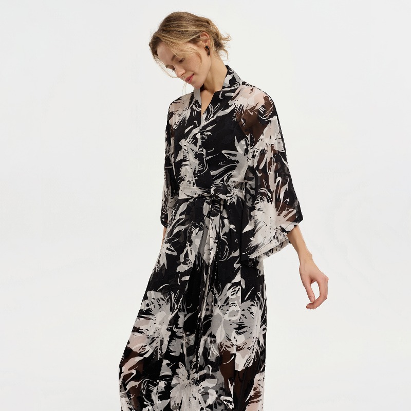 Women Black White Ink Floral S - Kimono Sheer Floral บทวิจารณ์และราคา